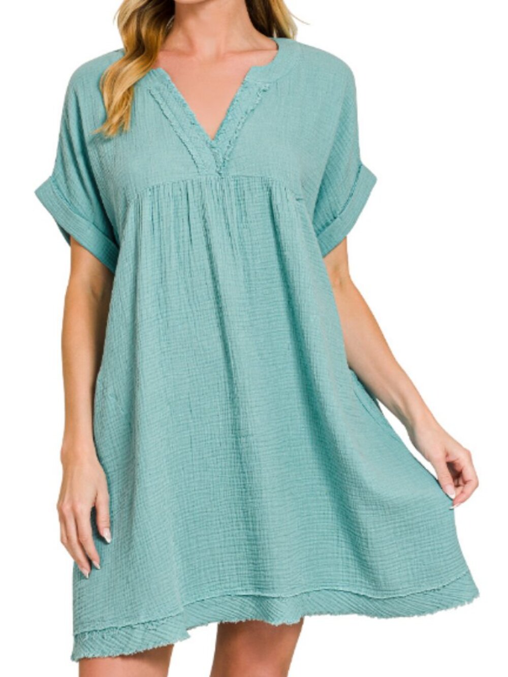 149. NWT - Zenana Double gauze raw edge V-neck dress, dusty teal